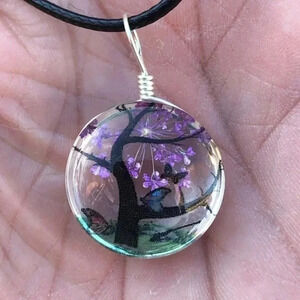 Purple Circle Real Flower Glass Tree Butterfly Necklace NWT